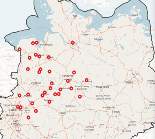 Karte der Einsatzorte deteAkut Mitarbeiter